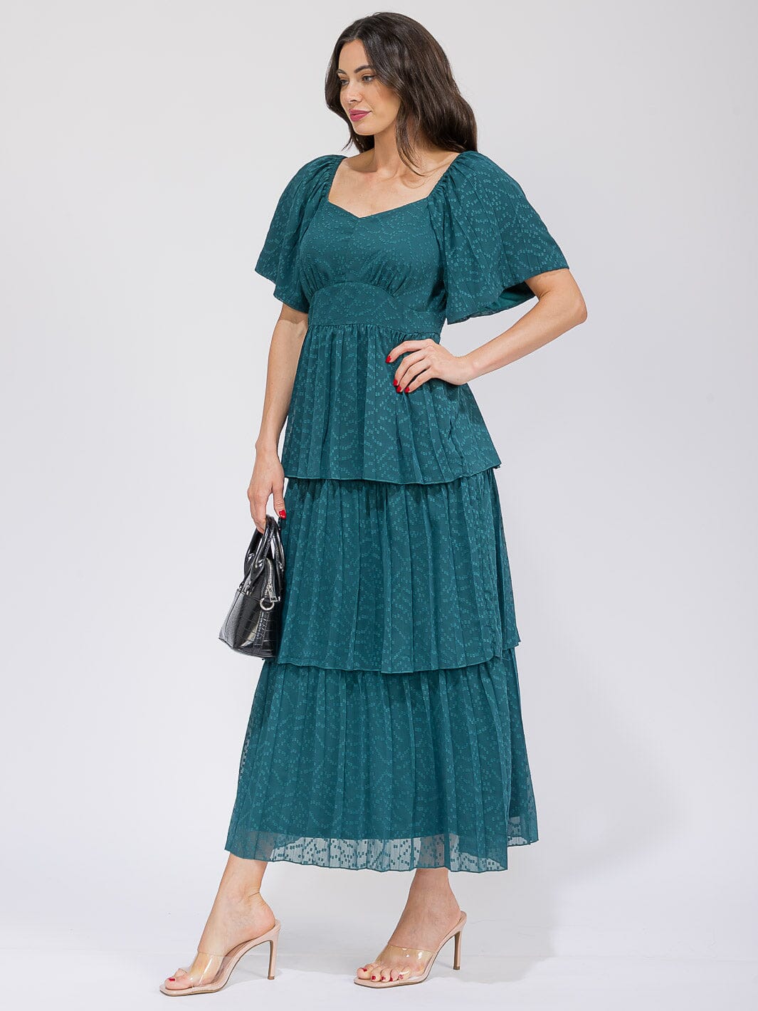 WOMEN'S SHORT SLEEVE V-NECK SWISS RUFFLE TIERED MAXI DRESS
