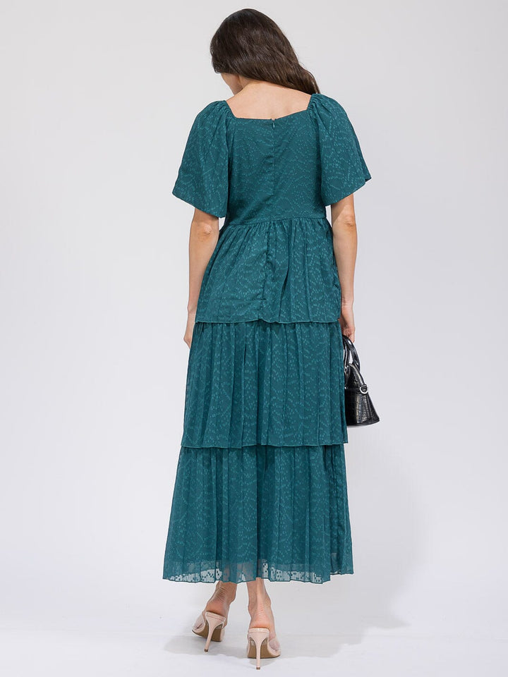 WOMEN'S SHORT SLEEVE V-NECK SWISS RUFFLE TIERED MAXI DRESS