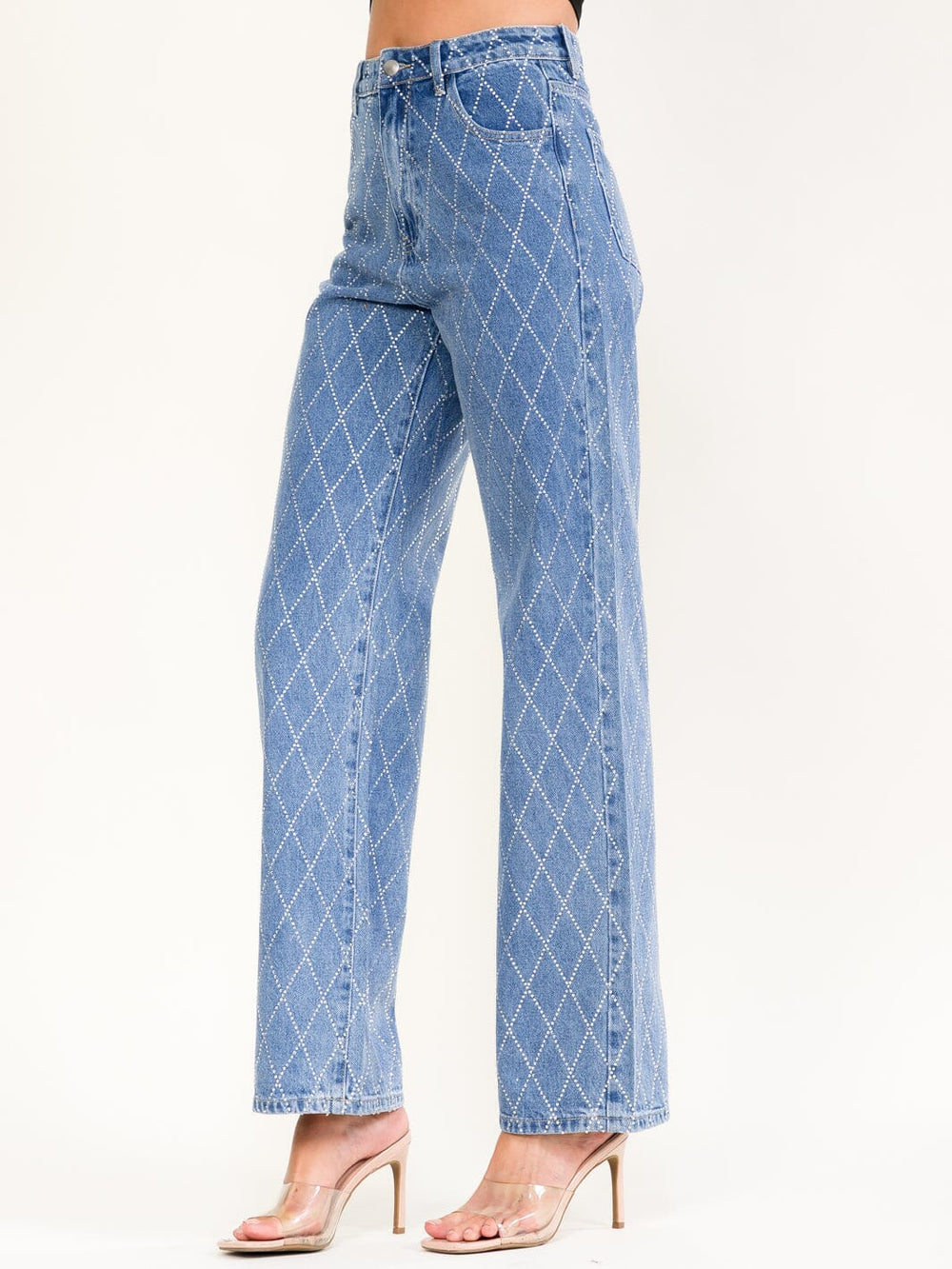 WOMEN'S BUTTON CLOSURE RHINESTONES STRAIGHT LEG DENIM PANTS