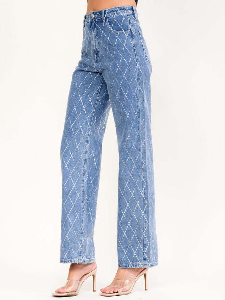 WOMEN'S BUTTON CLOSURE RHINESTONES STRAIGHT LEG DENIM PANTS