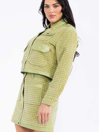 WOMEN'S BUTTON CLOSURE FRONT POCKETS TWEED PU PLEATHER MINI SKIRT
