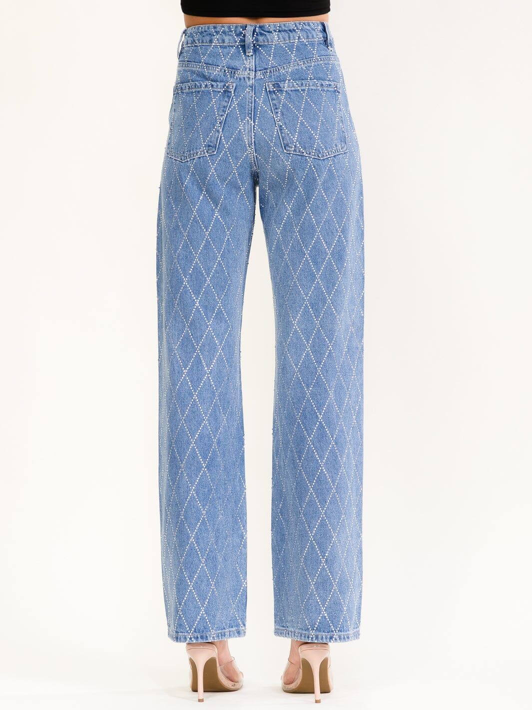 WOMEN'S BUTTON CLOSURE RHINESTONES STRAIGHT LEG DENIM PANTS