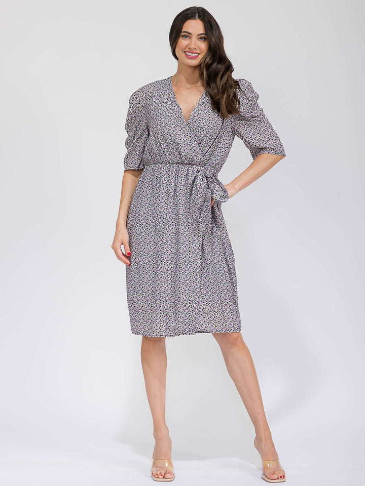 WOMEN'S SHORT SLEEVE SURPLICE SELF TIE FLORAL MIDI DRESS