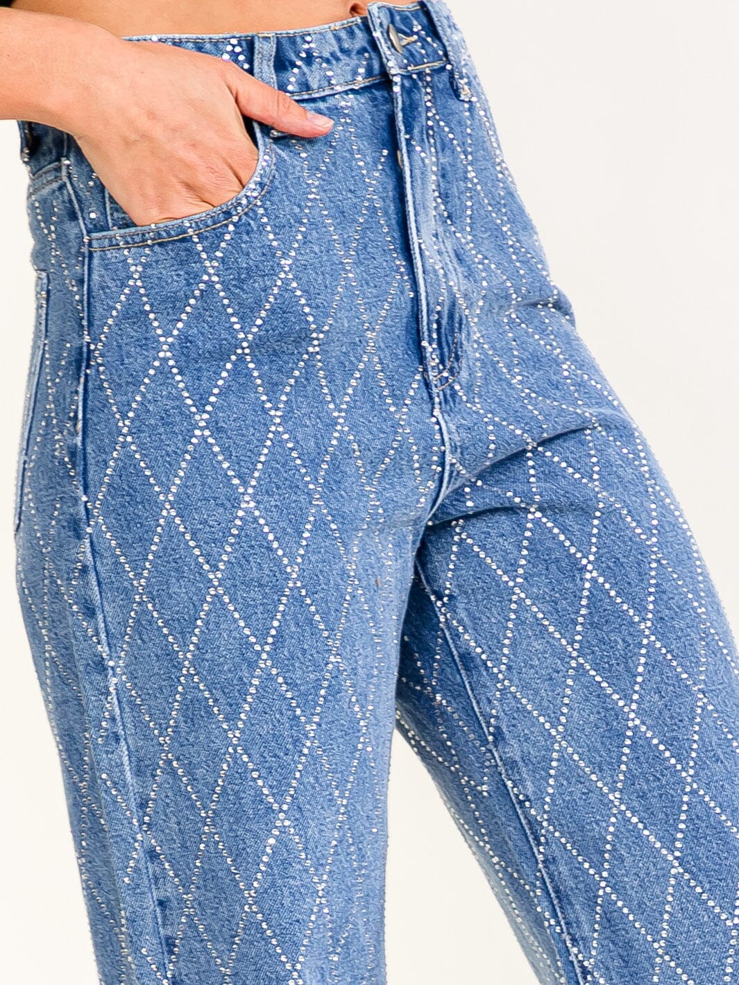 WOMEN'S BUTTON CLOSURE RHINESTONES STRAIGHT LEG DENIM PANTS