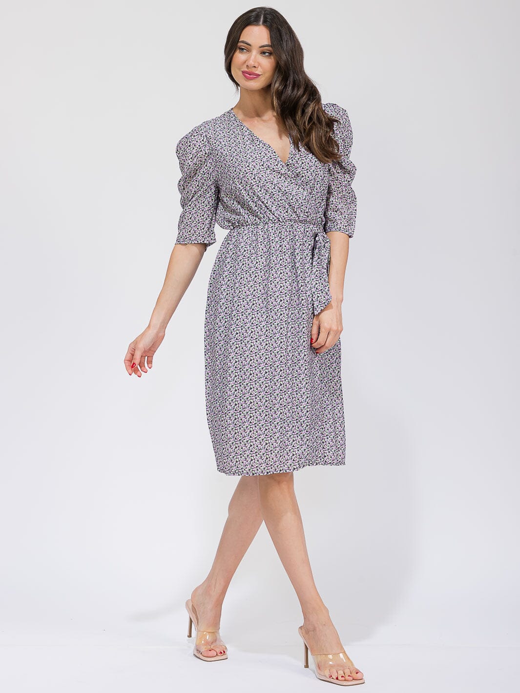 WOMEN'S SHORT SLEEVE SURPLICE SELF TIE FLORAL MIDI DRESS