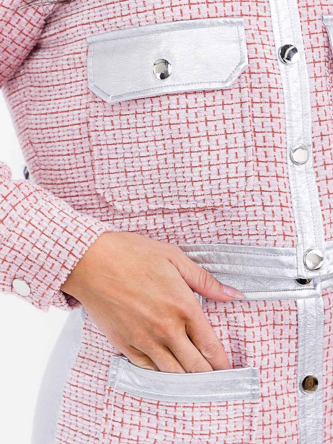 WOMEN'S BUTTON CLOSURE FRONT POCKETS TWEED PU PLEATHER MINI SKIRT