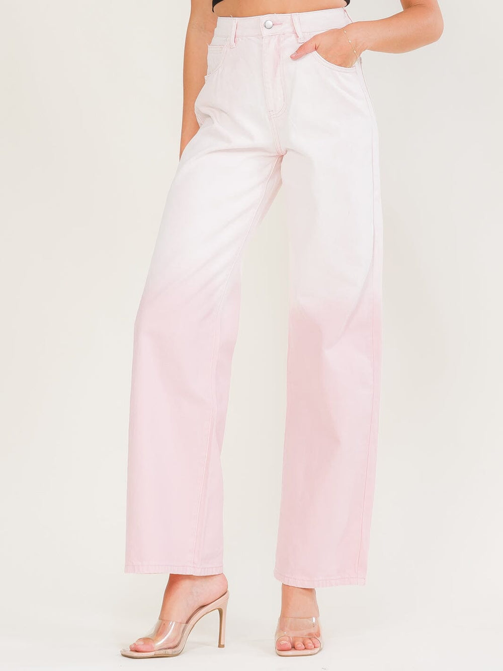 WOMEN'S BUTTON CLOSURE POCKETS OMBRE WIDE LEG DENIM PANTS