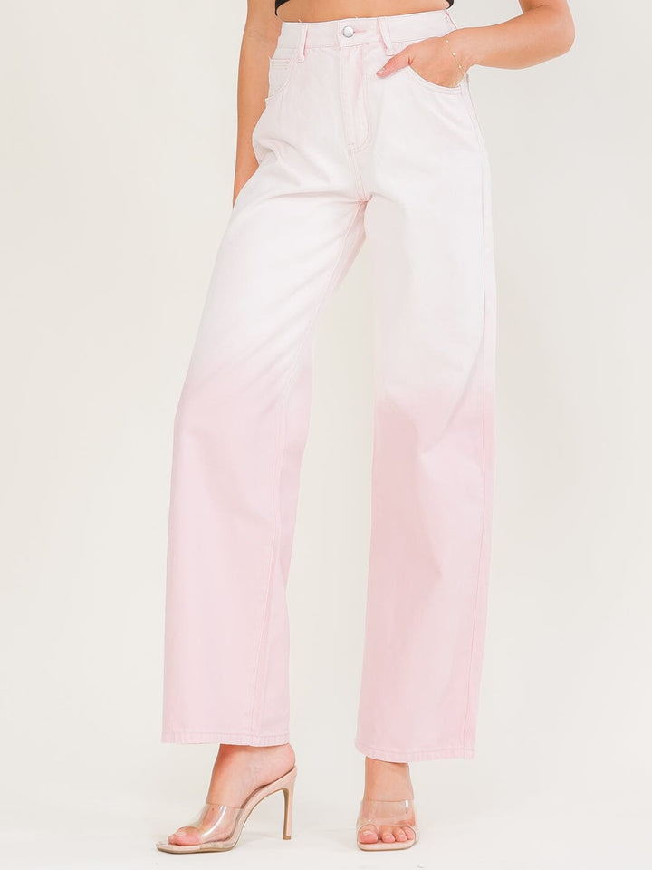 WOMEN'S BUTTON CLOSURE POCKETS OMBRE WIDE LEG DENIM PANTS