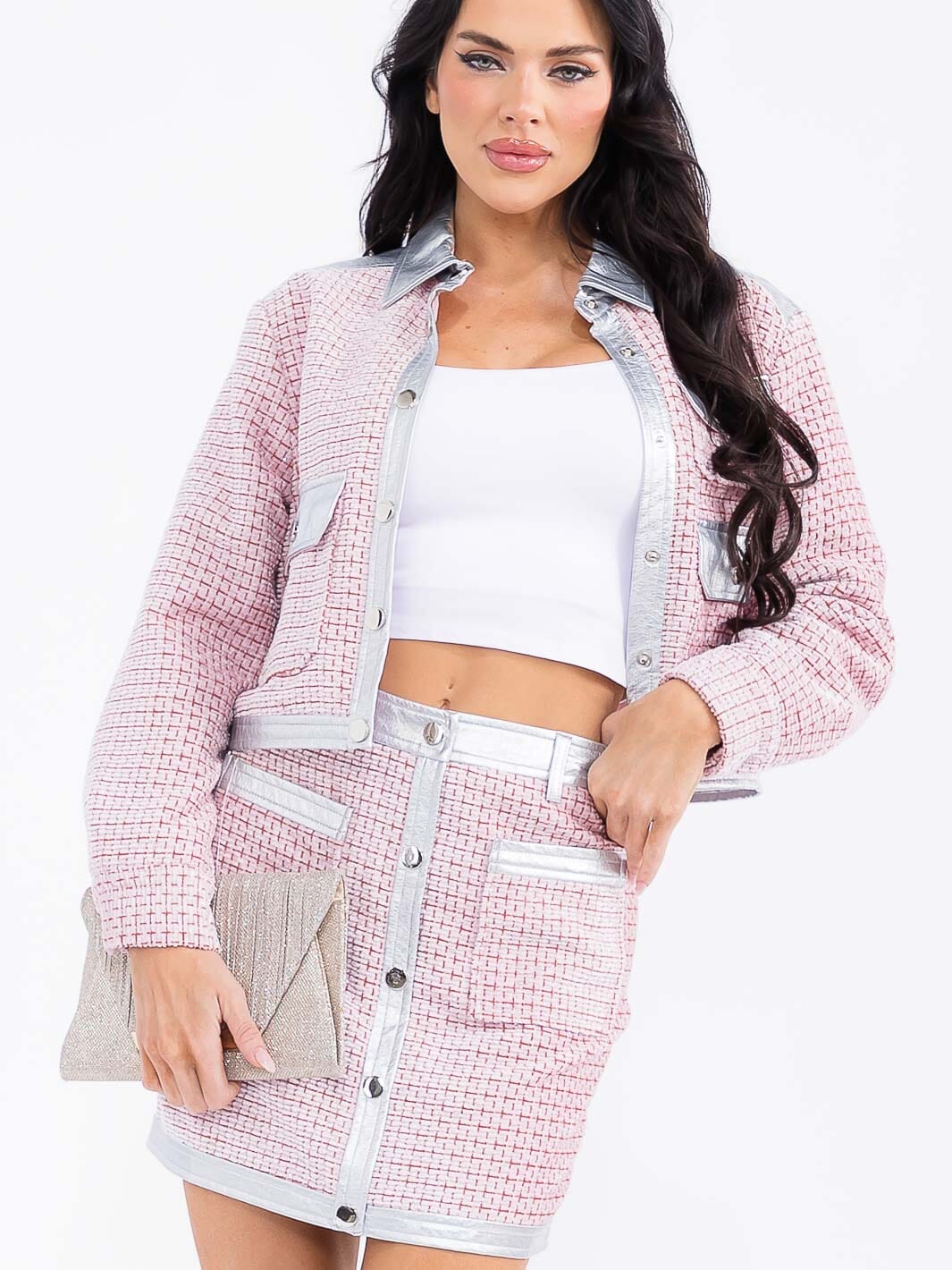 WOMEN'S LONG SLEEVE FRONT POCKETS BUTTON CLOSURE PU PLEATHER TWEED BLAZER