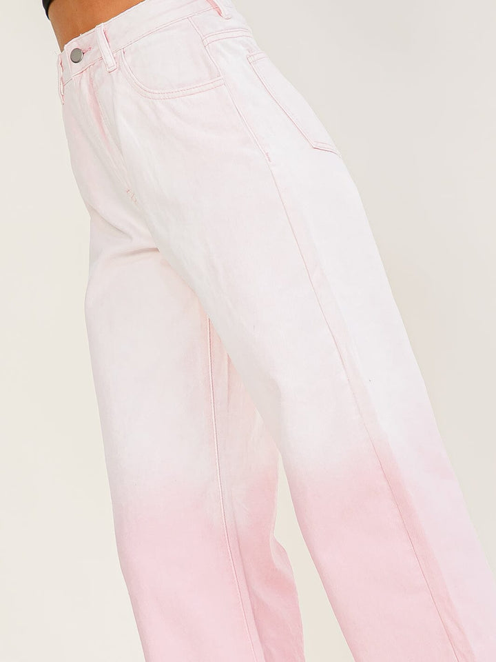 WOMEN'S BUTTON CLOSURE POCKETS OMBRE WIDE LEG DENIM PANTS