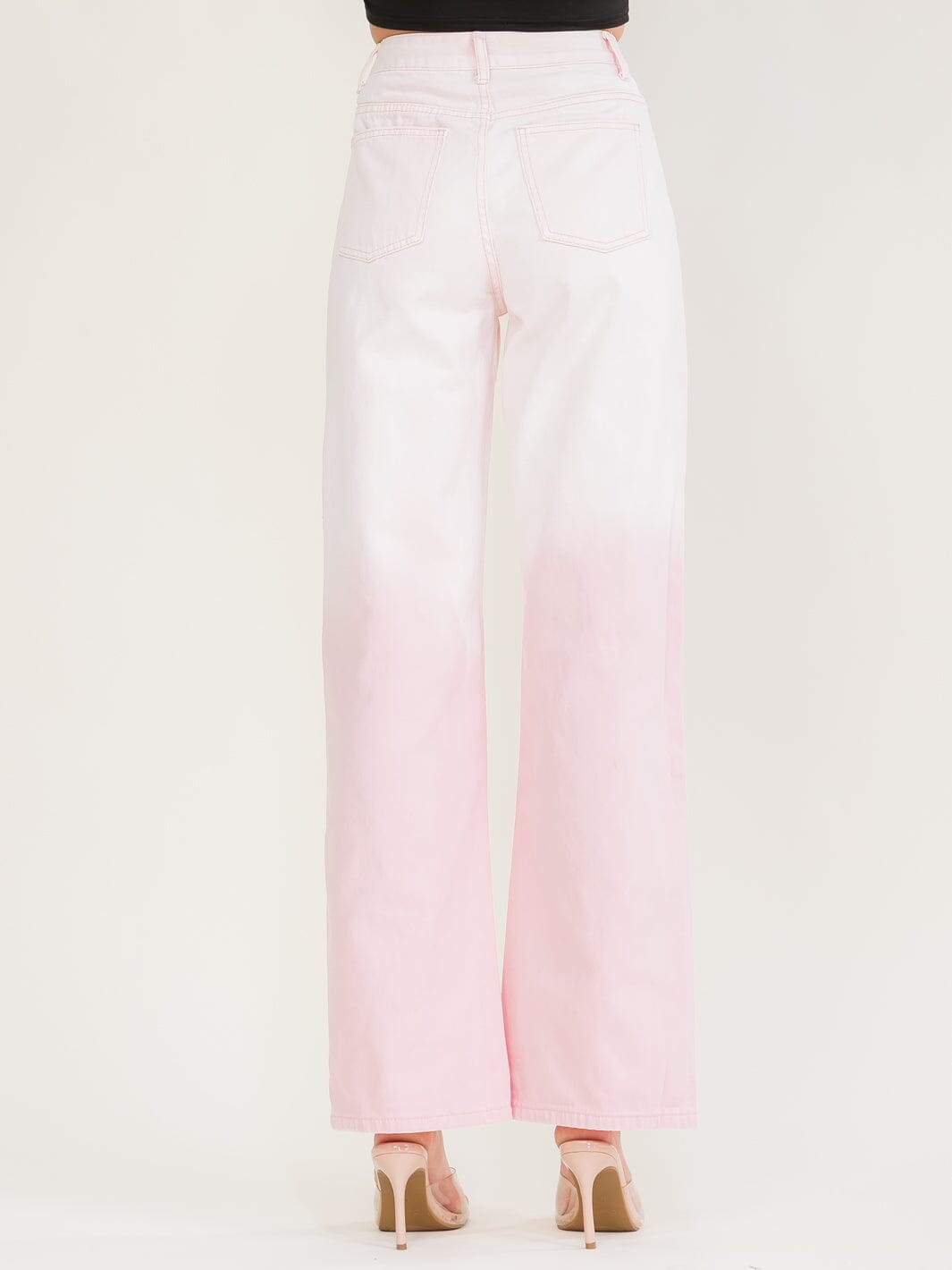 WOMEN'S BUTTON CLOSURE POCKETS OMBRE WIDE LEG DENIM PANTS