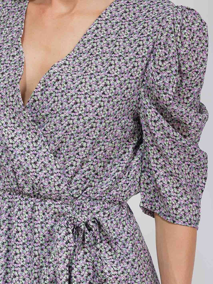WOMEN'S SHORT SLEEVE SURPLICE SELF TIE FLORAL MIDI DRESS