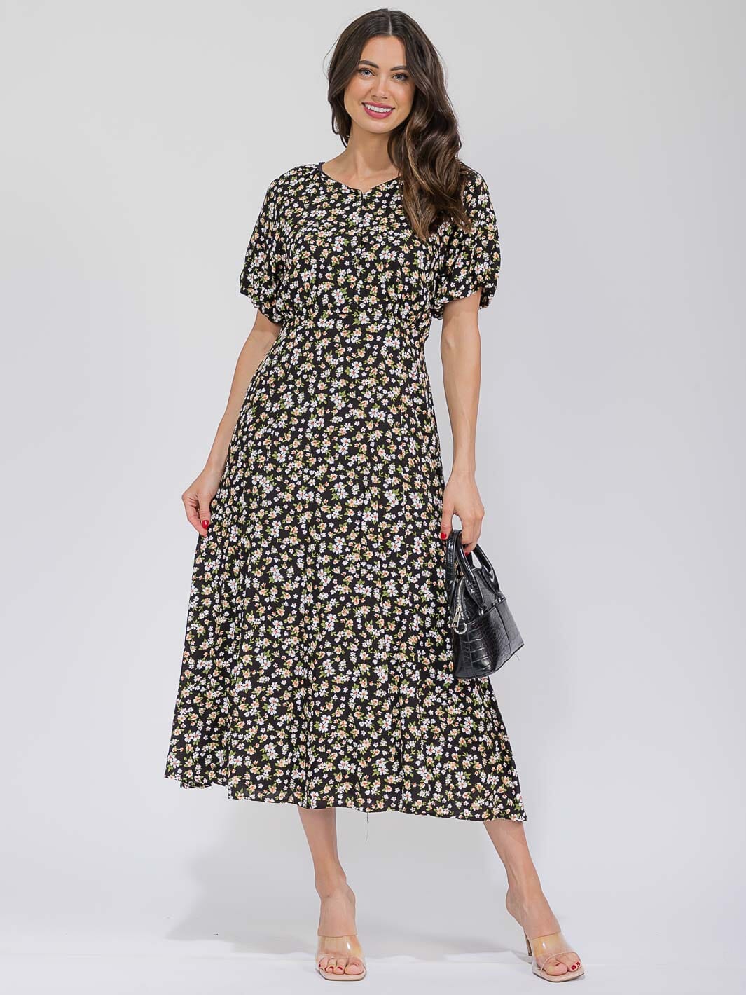 WOMEN'S SHORT SLEEVE BUTTON UP FRONT POCKETS FLORAL MAXI DRESS