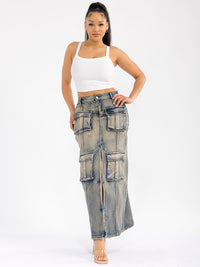 WOMEN'S BUTTON UP FRONT POCKETS FRONT SLIT DENIM WASHED MAXI SKIRT