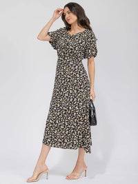 WOMEN'S SHORT SLEEVE BUTTON UP FRONT POCKETS FLORAL MAXI DRESS
