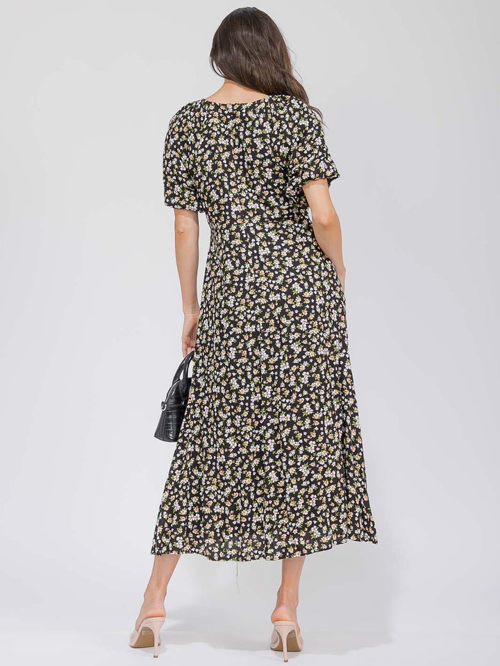 WOMEN'S SHORT SLEEVE BUTTON UP FRONT POCKETS FLORAL MAXI DRESS