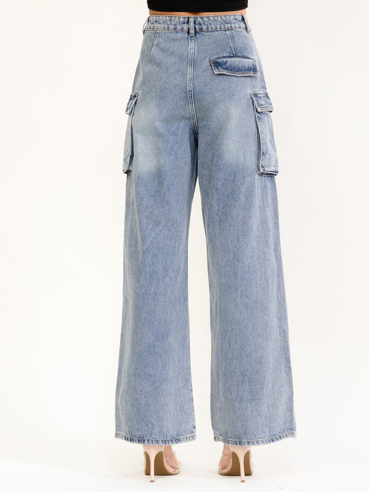 WOMEN'S BUTTON CLOSURE CARGO POCKETS WIDE LEG DENIM PANTS