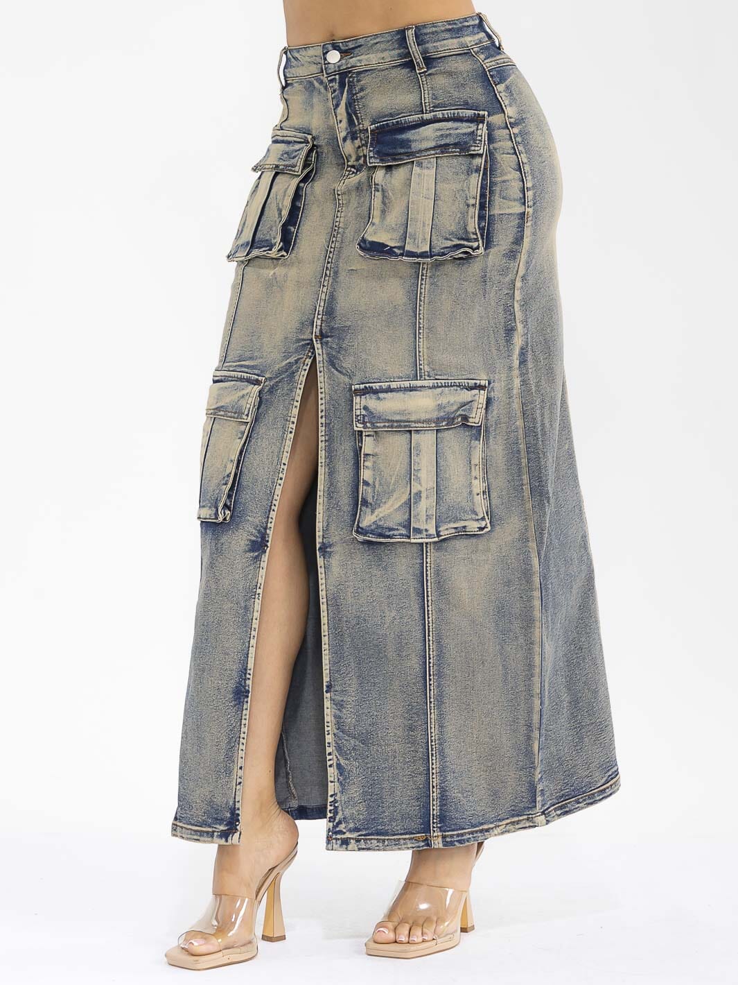 WOMEN'S BUTTON UP FRONT POCKETS FRONT SLIT DENIM WASHED MAXI SKIRT