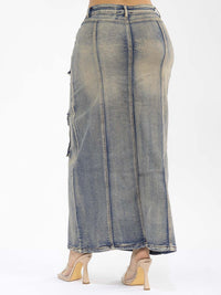 WOMEN'S BUTTON UP FRONT POCKETS FRONT SLIT DENIM WASHED MAXI SKIRT
