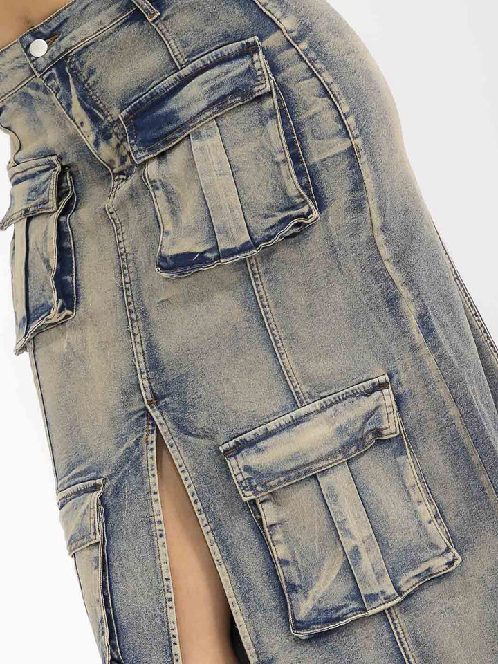 WOMEN'S BUTTON UP FRONT POCKETS FRONT SLIT DENIM WASHED MAXI SKIRT