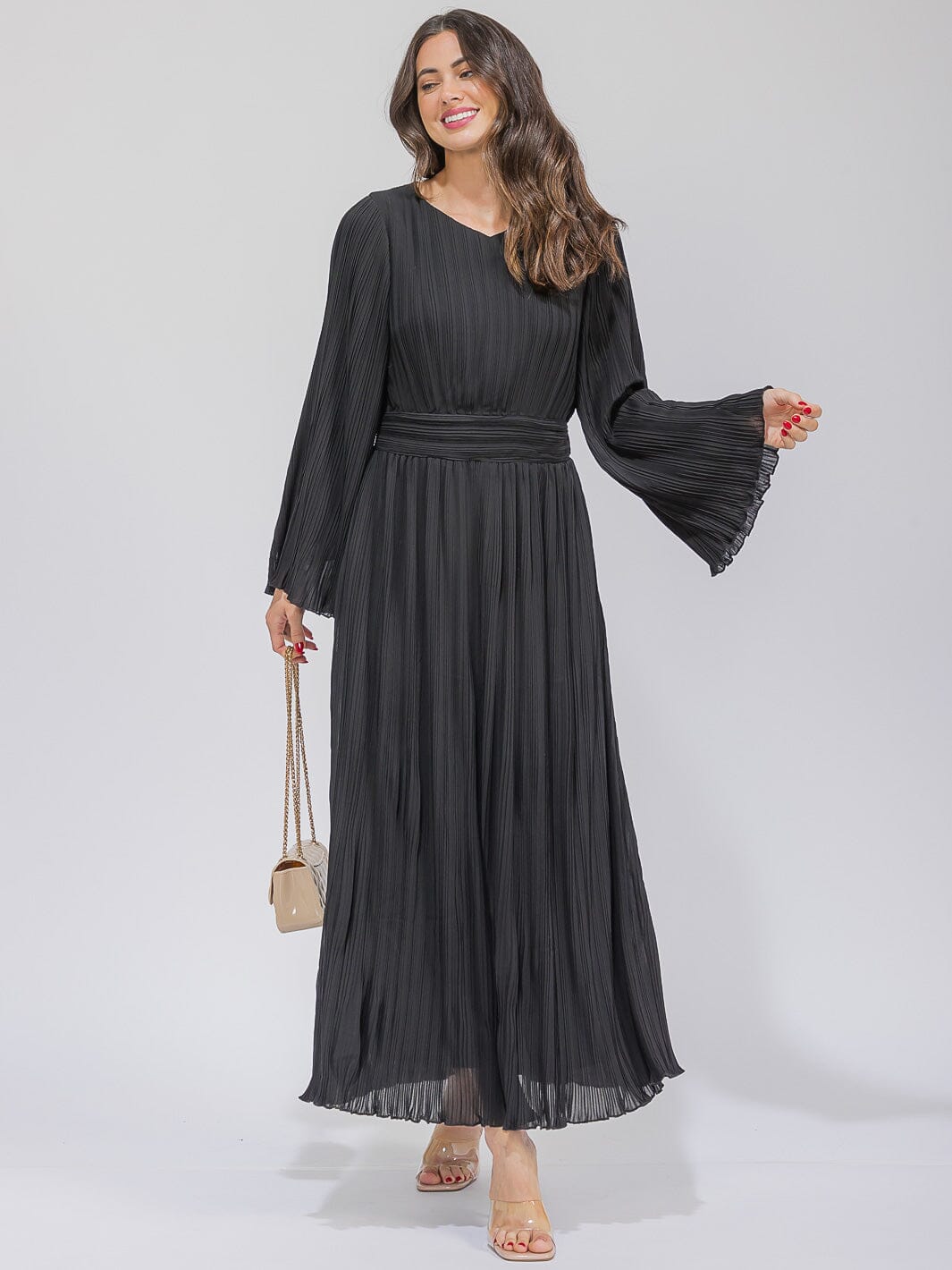 WOMEN'S LONG BELL SLEEVE V-NECK PLEATED MAXI DRESS