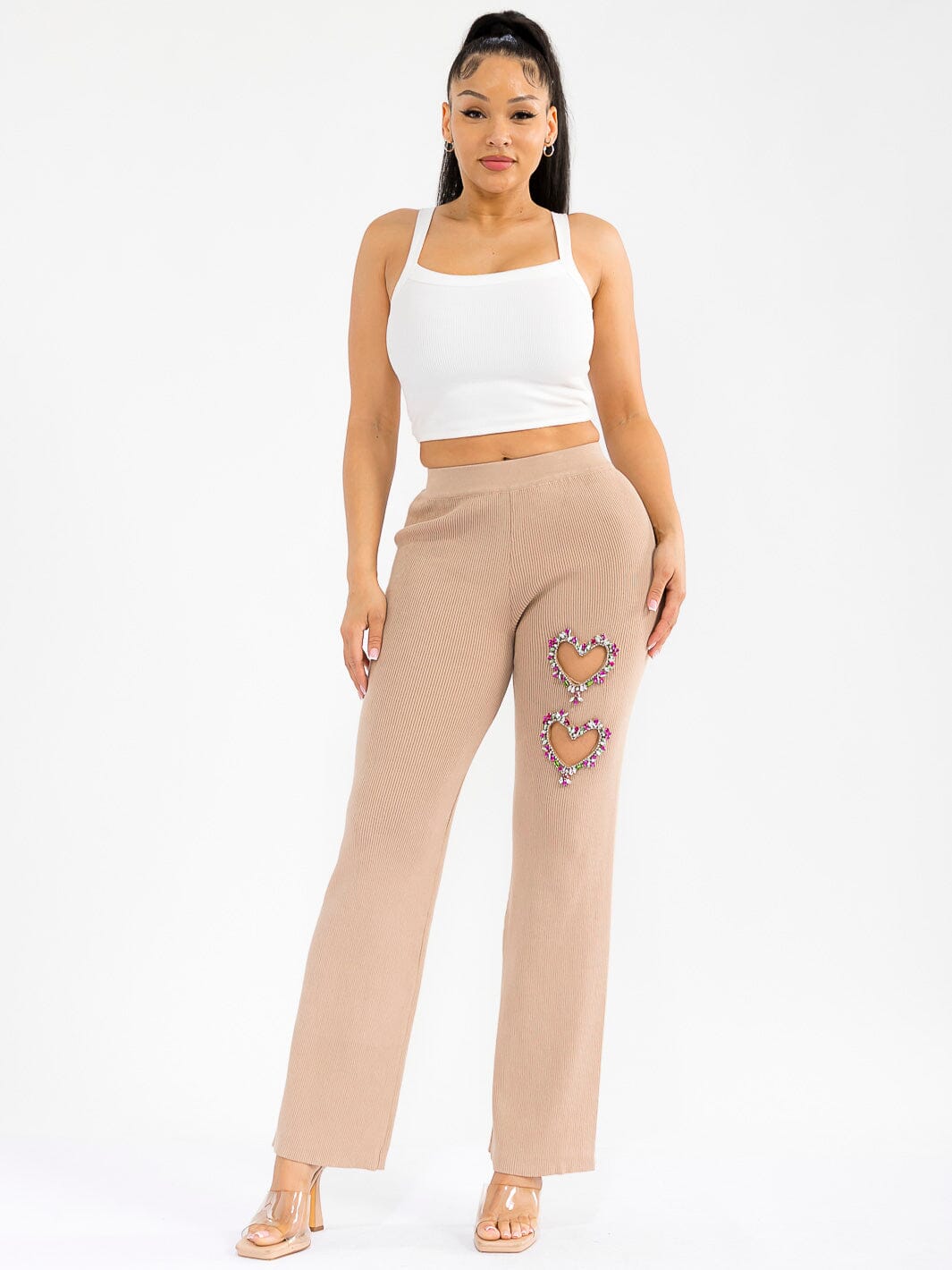 WOMEN'S ELASTIC WAIST HEART STUDS DETAILED RIBBED WIDE LEG PANTS