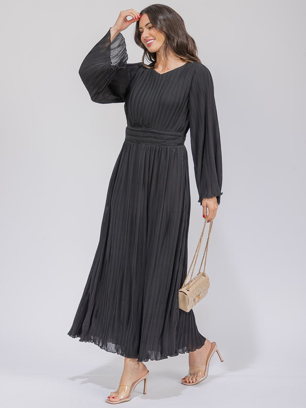 WOMEN'S LONG BELL SLEEVE V-NECK PLEATED MAXI DRESS