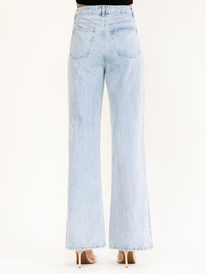 WOMEN'S BUTTON CLOSURE STUDS FLOWERS WIDE LEG DENIM PANTS