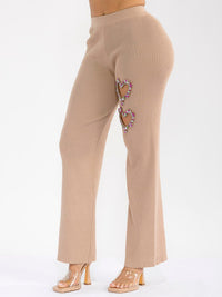 WOMEN'S ELASTIC WAIST HEART STUDS DETAILED RIBBED WIDE LEG PANTS