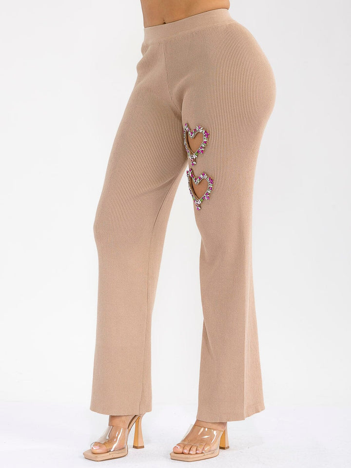WOMEN'S ELASTIC WAIST HEART STUDS DETAILED RIBBED WIDE LEG PANTS
