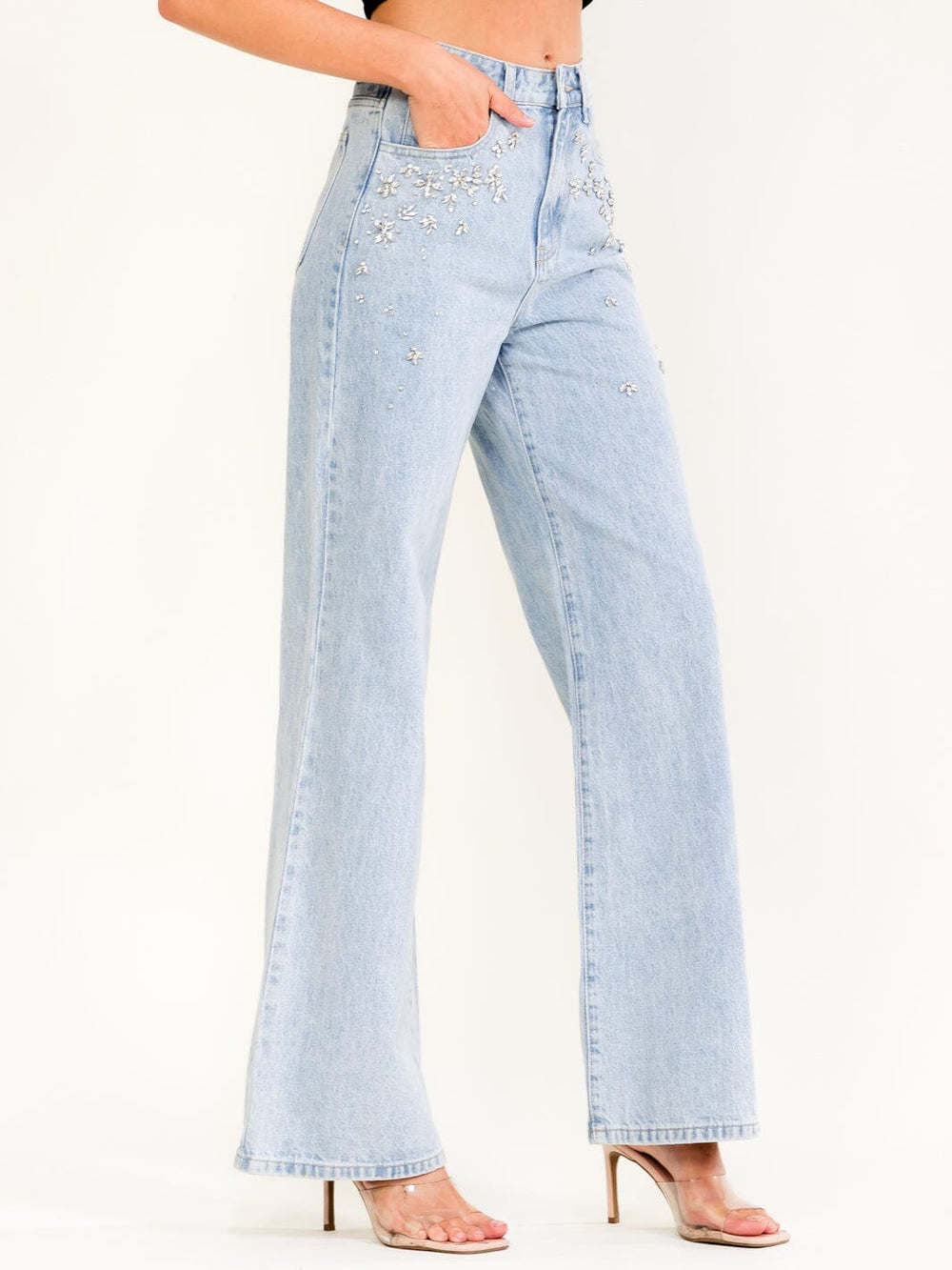 WOMEN'S BUTTON CLOSURE STUDS FLOWERS WIDE LEG DENIM PANTS