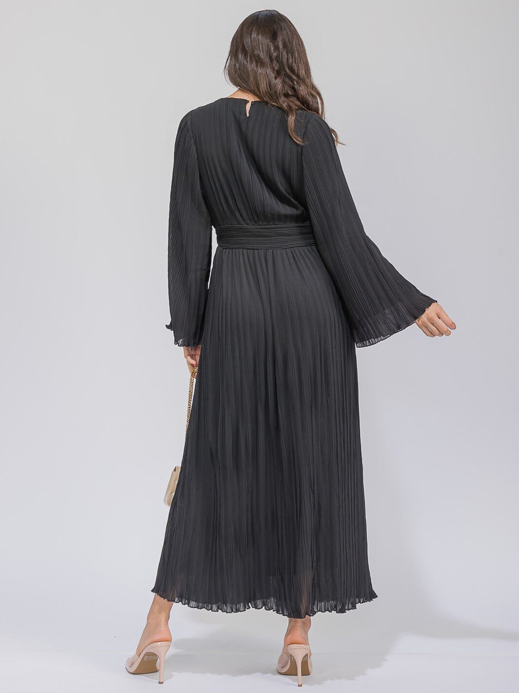 WOMEN'S LONG BELL SLEEVE V-NECK PLEATED MAXI DRESS