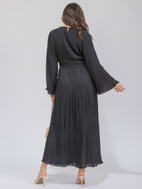 WOMEN'S LONG BELL SLEEVE V-NECK PLEATED MAXI DRESS