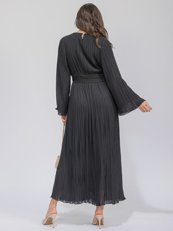 WOMEN'S LONG BELL SLEEVE V-NECK PLEATED MAXI DRESS