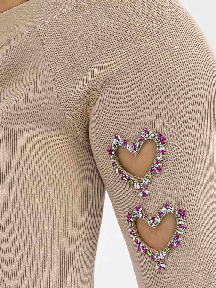 WOMEN'S ELASTIC WAIST HEART STUDS DETAILED RIBBED WIDE LEG PANTS