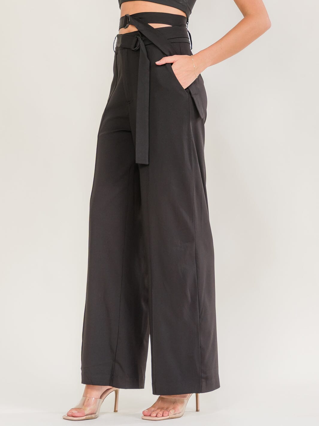 WOMEN'S BUTTON CLOSURE BELTED FRONT POCKETS WIDE LEG PANTS