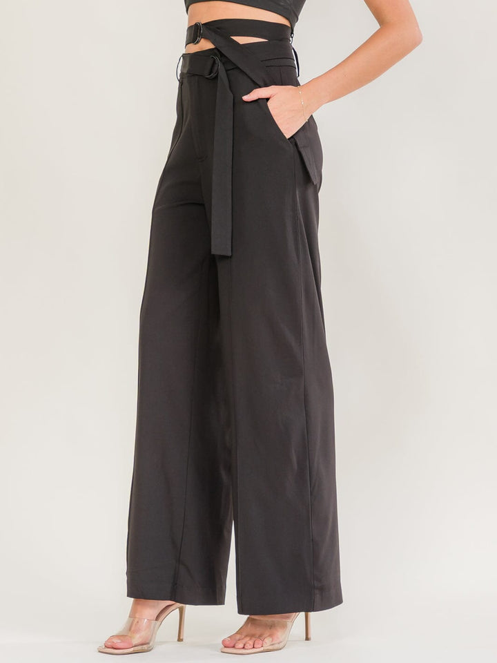 WOMEN'S BUTTON CLOSURE BELTED FRONT POCKETS WIDE LEG PANTS