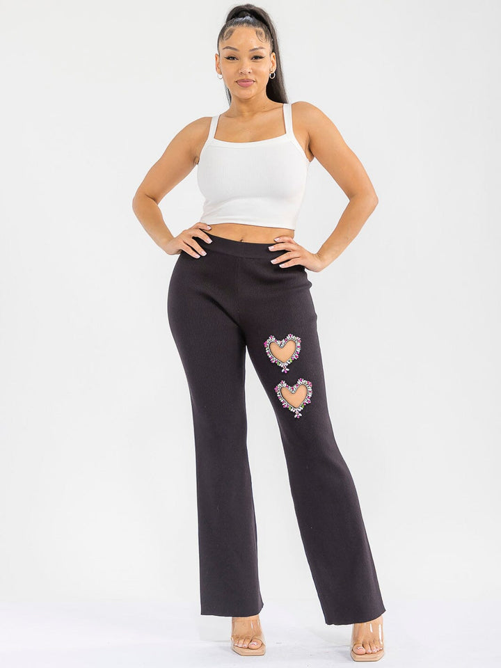 WOMEN'S ELASTIC WAIST HEART STUDS DETAILED RIBBED WIDE LEG PANTS