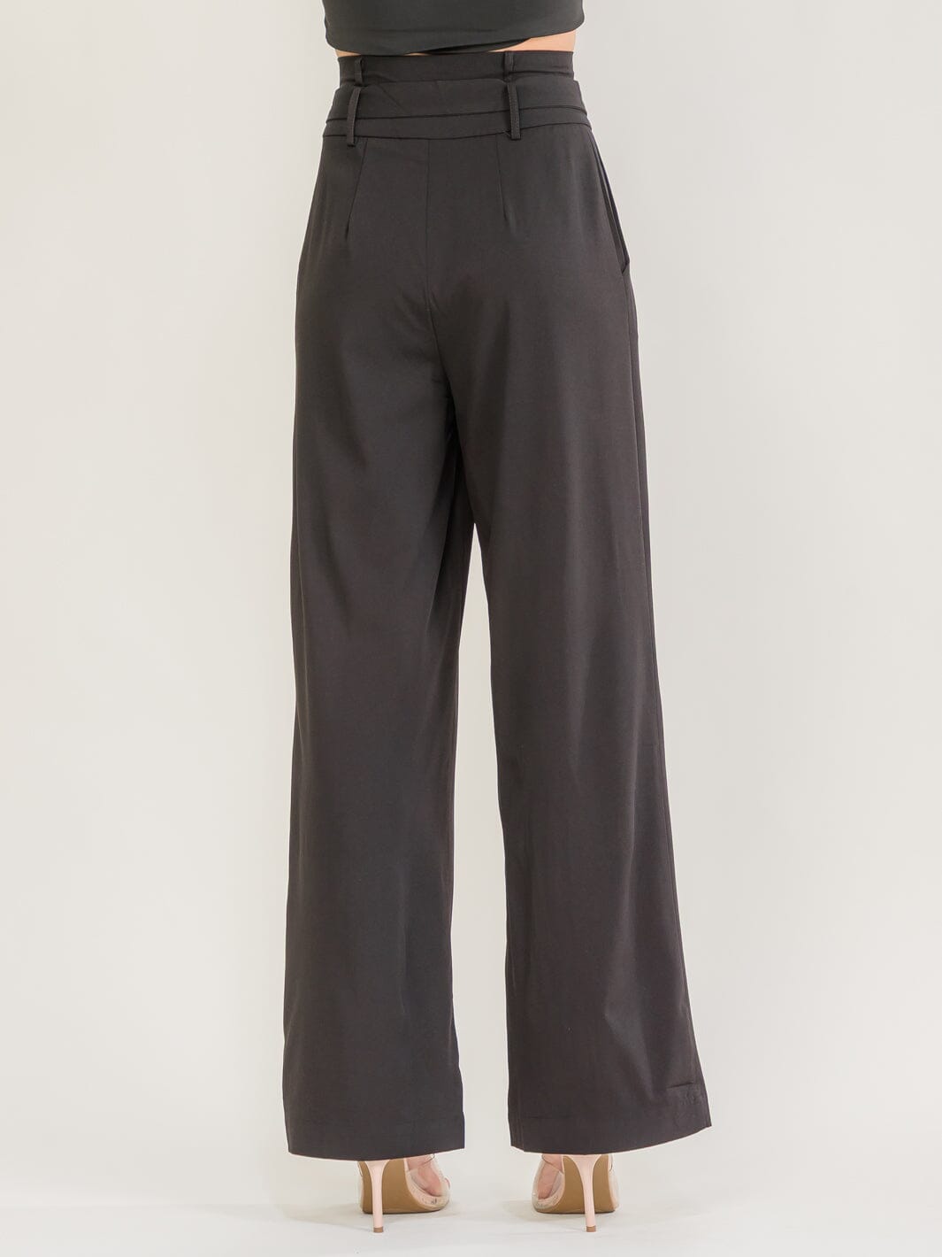 WOMEN'S BUTTON CLOSURE BELTED FRONT POCKETS WIDE LEG PANTS