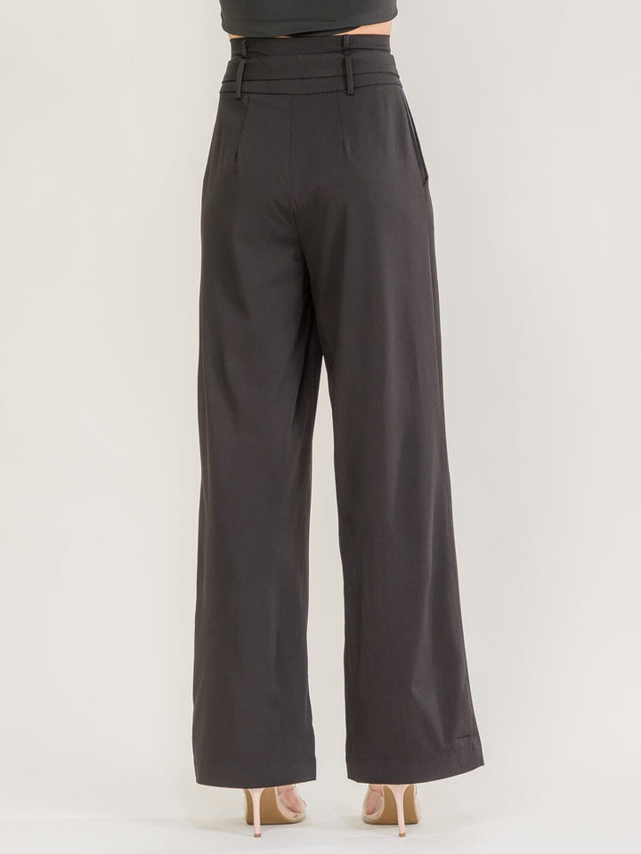 WOMEN'S BUTTON CLOSURE BELTED FRONT POCKETS WIDE LEG PANTS