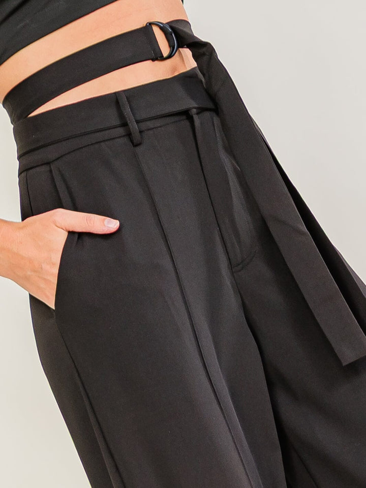 WOMEN'S BUTTON CLOSURE BELTED FRONT POCKETS WIDE LEG PANTS