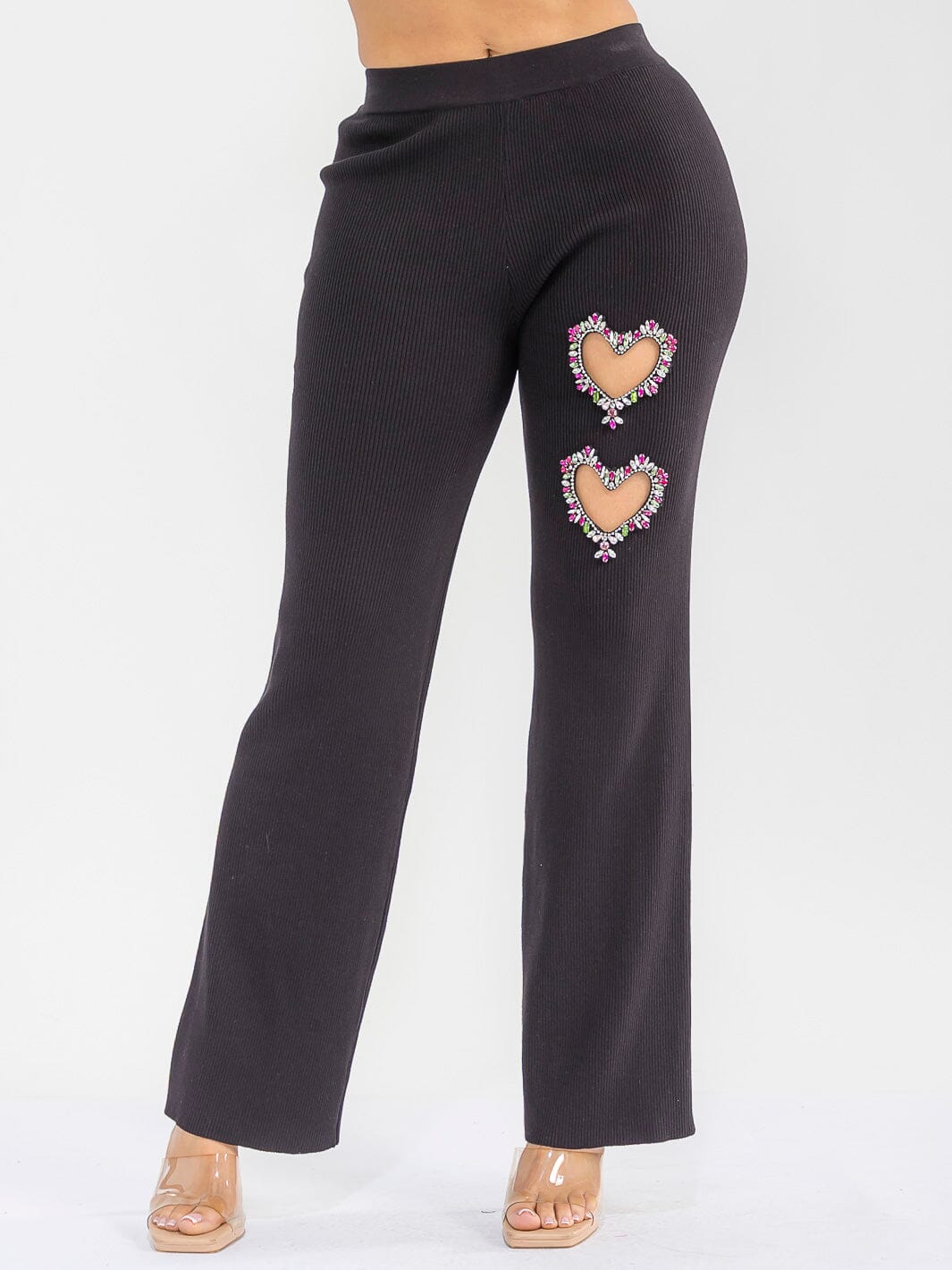 WOMEN'S ELASTIC WAIST HEART STUDS DETAILED RIBBED WIDE LEG PANTS