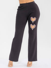 WOMEN'S ELASTIC WAIST HEART STUDS DETAILED RIBBED WIDE LEG PANTS