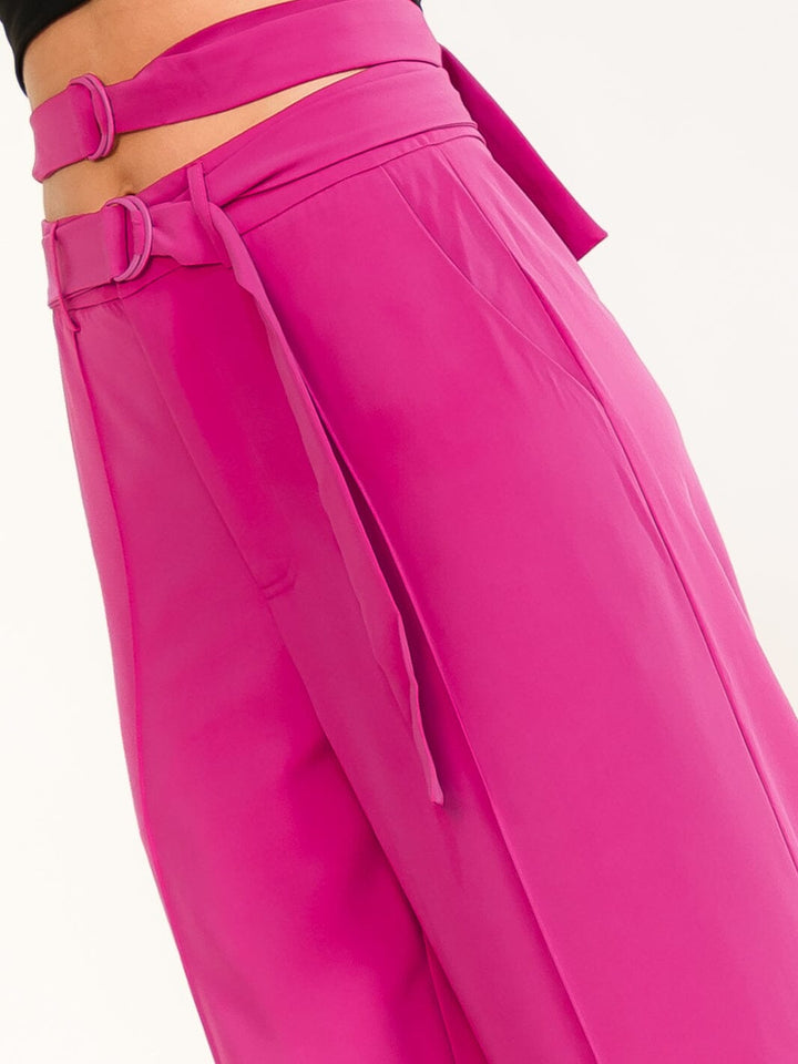 WOMEN'S BUTTON CLOSURE BELTED FRONT POCKETS WIDE LEG PANTS