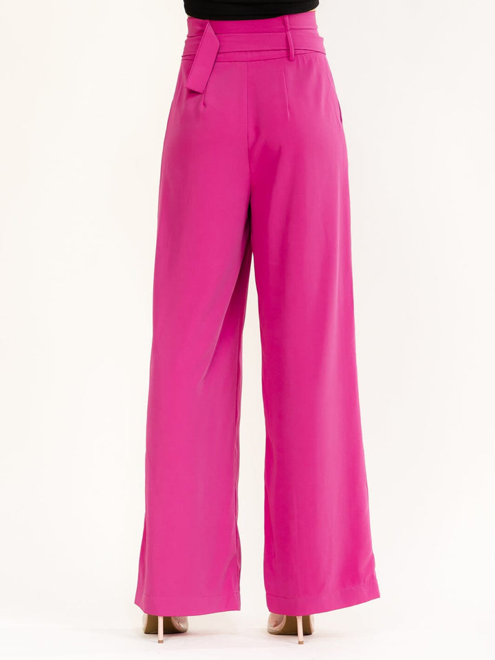 WOMEN'S BUTTON CLOSURE BELTED FRONT POCKETS WIDE LEG PANTS