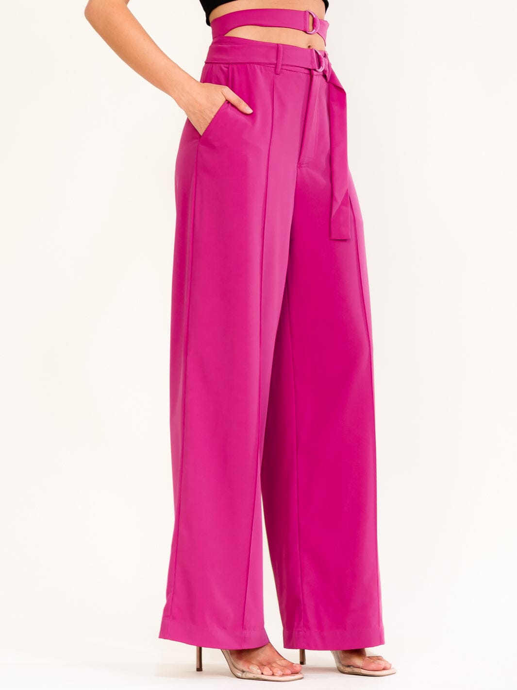 WOMEN'S BUTTON CLOSURE BELTED FRONT POCKETS WIDE LEG PANTS