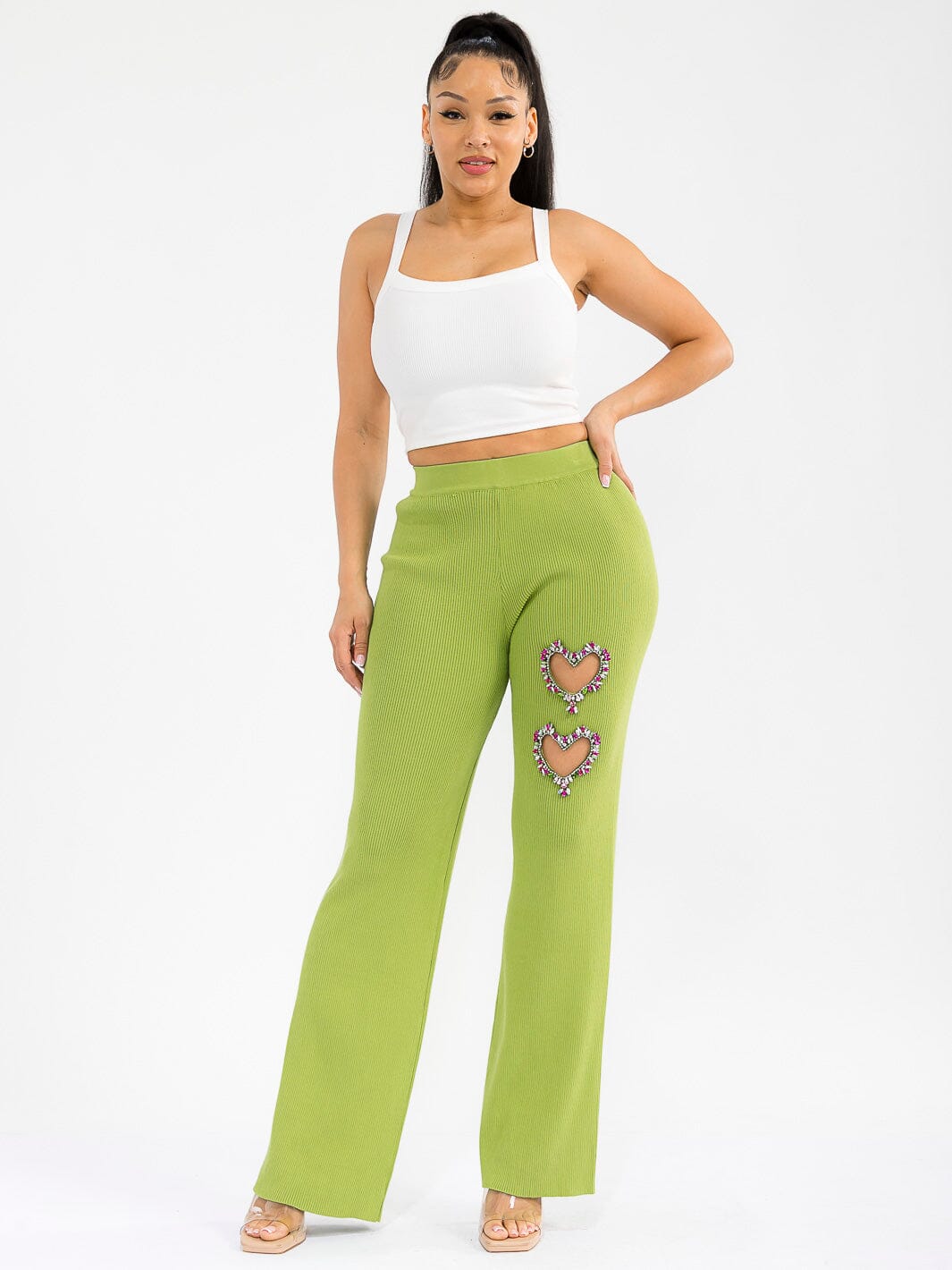 WOMEN'S ELASTIC WAIST HEART STUDS DETAILED RIBBED WIDE LEG PANTS