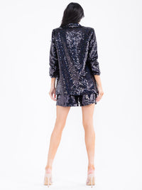 WOMEN'S 3/4 RUCHED SLEEVE OPEN FRONT POCKETS SEQUINS BLAZER