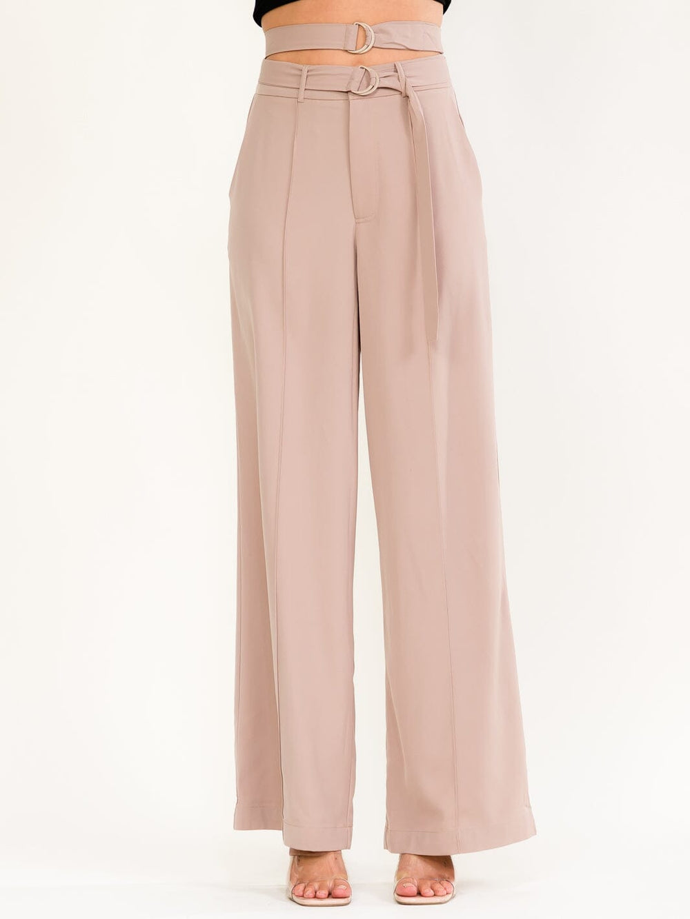 WOMEN'S BUTTON CLOSURE BELTED FRONT POCKETS WIDE LEG PANTS