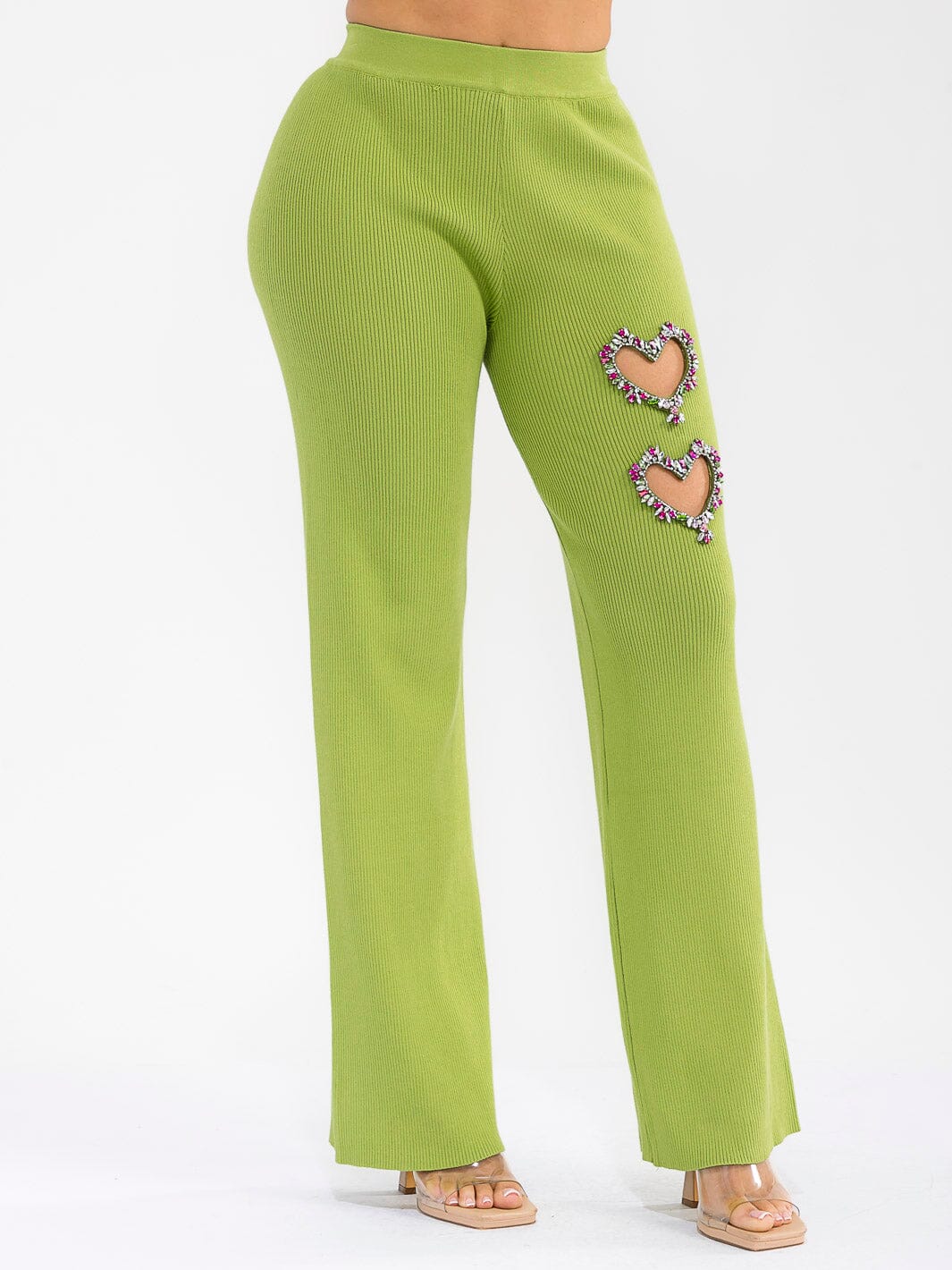 WOMEN'S ELASTIC WAIST HEART STUDS DETAILED RIBBED WIDE LEG PANTS